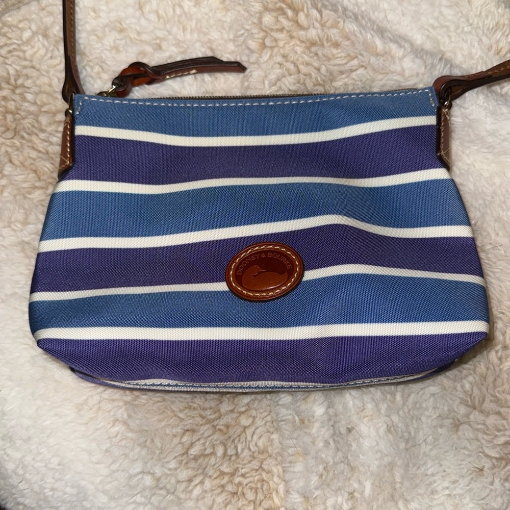 Dooney and bourke blue and white stripe canvas crossbody with leather strap